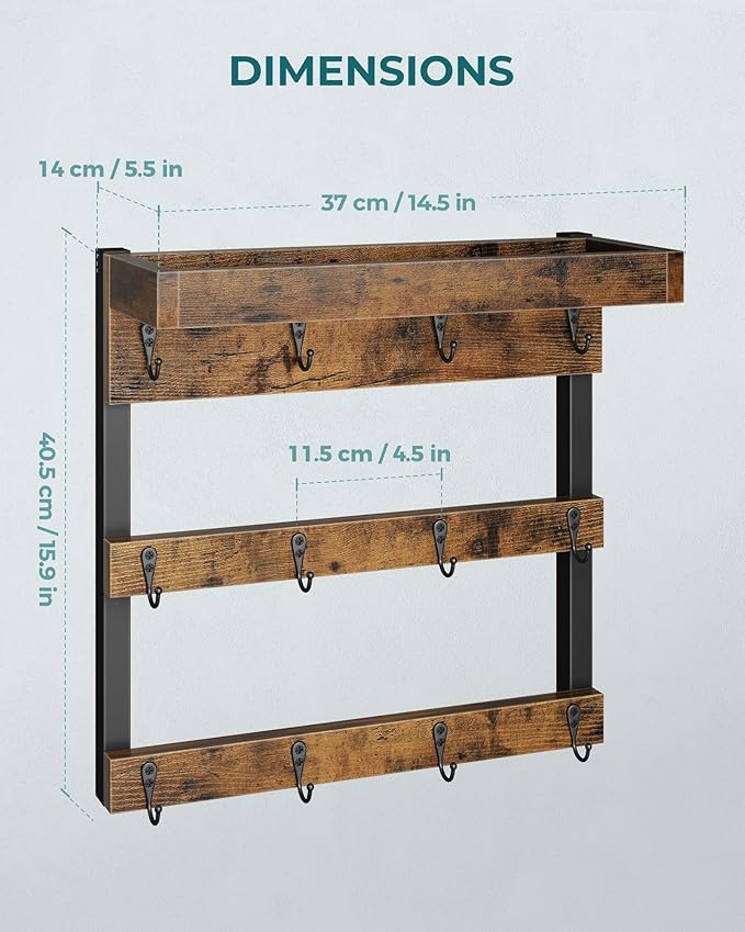 OROPY Coffee Mug Rack Wall Mounted, Rustic Wood Cups Rack with 12 Hooks and Storage Shelf, for Home Kitchen Display and Collection (Rustic Brown)
