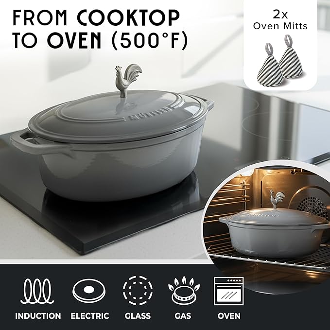MUELLER HOME 5.5 Quart Enameled Cast Iron Oval Dutch Oven with Rooster Knob & Cotton Potholders, Heavy-Duty Cookware, Oven-Safe up to 500° F & Across All Cooktops, Gifts for Grandma & Women, Gray