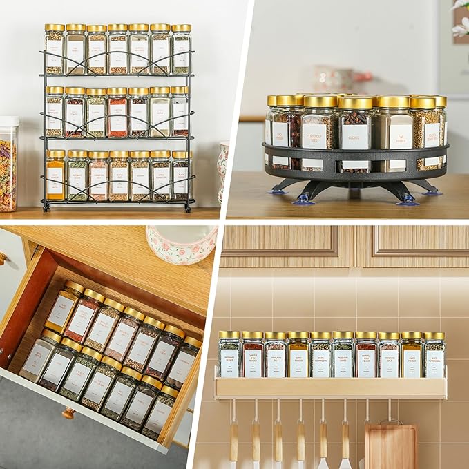Gold Spice Jars with Label，4oz Seasoning Containers, Glass Spice Bottles with Shaker Lids,Funnel, Chalk Pen for Cabinet，Drawer，Rack (36)
