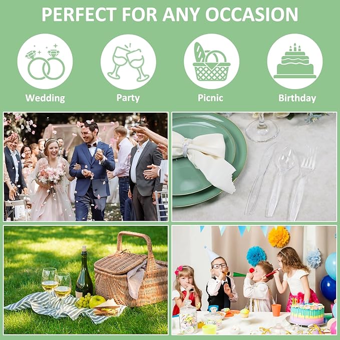 300 Count Plastic Silverware Heavy Duty, BPA-Free Disposable Utensils, Includes 100 Knives, 100 Forks, 100 Spoons for Party, Wedding, Catering, Picnic