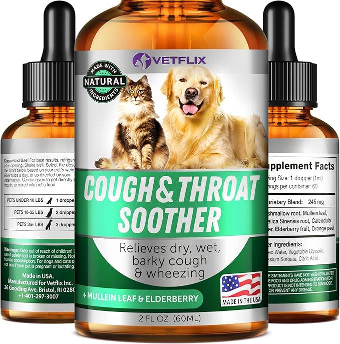 Kennel Cough Treatment for Dogs & Cats - Made in USA - Dog Allergy & Cat Asthma Relief - Mullen Leaf & Elderberry Blend - Dry, Wet & Barky Cough Relief for Dogs & Cats - All Breeds & Sizes - 2 Fl Oz
