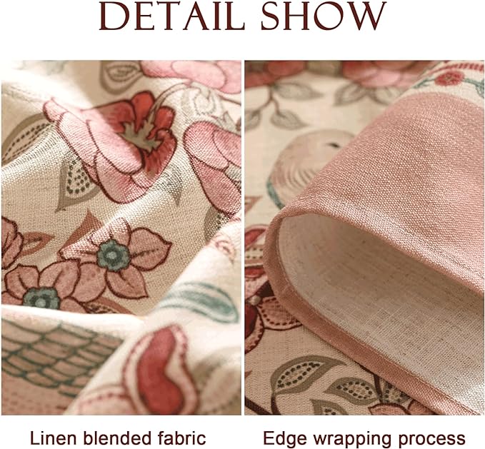 patdrea Designer Pink Linen Table Cloth for Rectangle Table,Vintage Floral with Birds Pattern Decorative Tablcloth,French Table Cover for Kitchen Dining,Thanksgiving,Christmas,55"x71"-Kulom a