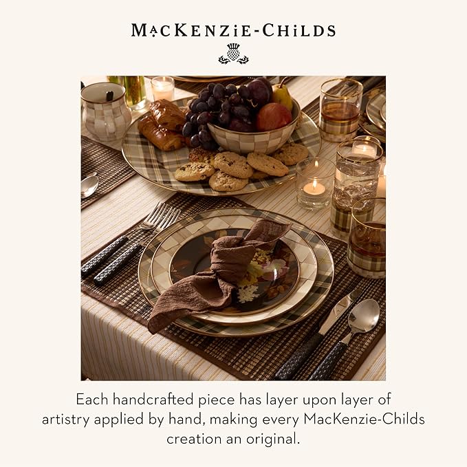 MACKENZIE-CHILDS Enamel Serving Platter, Decorative Serving Platter for Food, 16 Inches, Brown-and-White Tartan Mocha