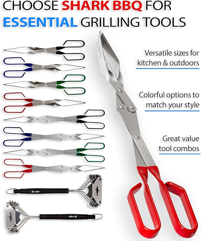 Shark BBQ Grill Tongs - 17 inch Red. Professional kitchen and outdoor grilling utensil. Long reach Barbeque Grilling Tongs. Ideal for steak, fish, burger, and sausage