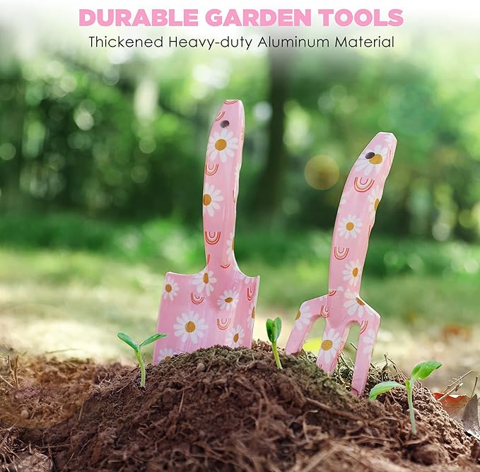 WORKPRO Aluminum Garden Tool Set, 4PCS Heavy Duty Gardening Tools with Box Include Trowel, Rake, Pruner, Gloves, Pink, Garden Gifts-Pink Ribbon