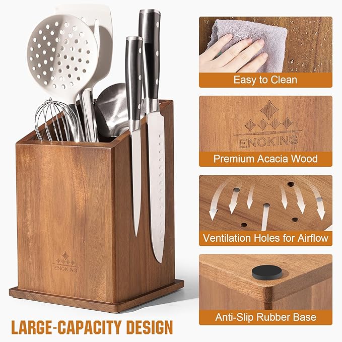 Magnetic Knife Holder without Knives, Acacia Wood Kitchen Utensil Holder with Strong Magnet, Universal Knife Block for Knives, Scissors & Utensils