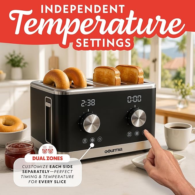 Gourmia 4 Slice Toaster, Double-Sided – Dual Independent Controls, Bagel, Defrost & Reheat Mode, 6 Browning Levels, Extra Wide Slots, Removable Crumb Tray, Compact Design, Black