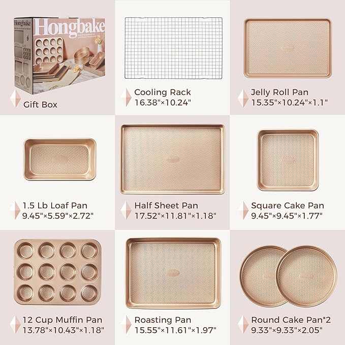 HONGBAKE 9-Piece Baking Pans Set Nonstick, Stackable Non Toxic Bakeware Sets with Diamond Texture, Oven Pan Set for Cooking, Includes Cookie Sheet with Rack, Cake Pan, Roasting Pan, Muffin Tin, Gold