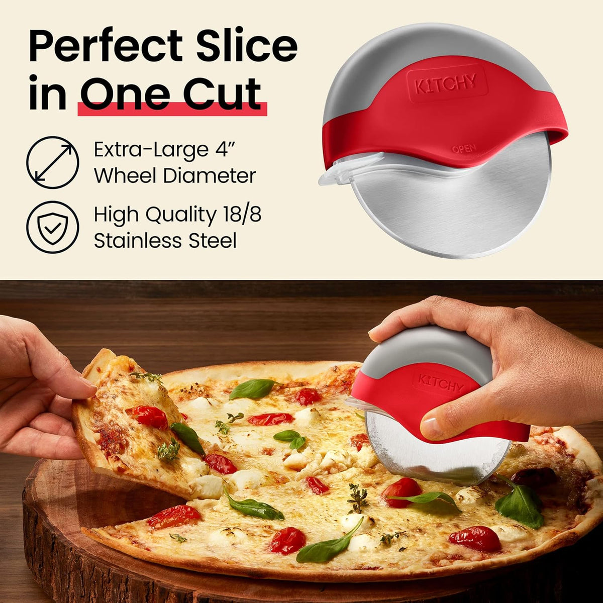 Kitchy Pizza Cutter Wheel with Protective Blade Cover, Ergonomic Pizza Slicer (Red)