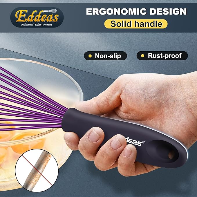 Silicone Whisk, Eddeas Whisk Non-Scratch Coated Whisks set of 3-Heat Resistant(450°F) Kitchen Wisk, Balloon Egg whisk Perfect for Blending, Whisking, Beating & Stirring, Purple