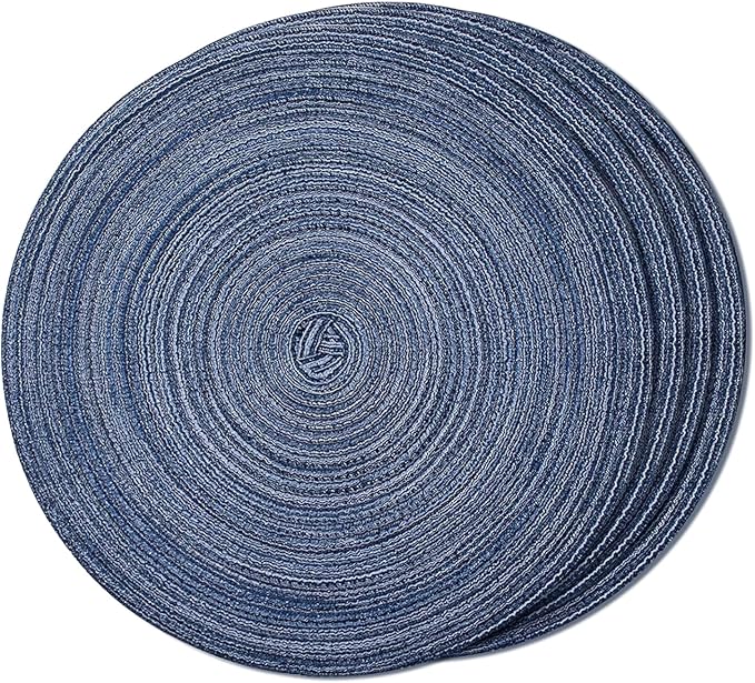 FunWheat Round Braided Placemats Set of 4 Place mats for Dining Tables Woven Heat Resistant Table Mats 15 inch (E Klein Blue, 4pcs)