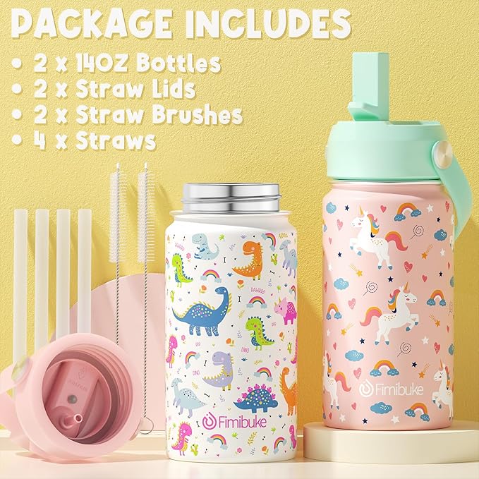 Fimibuke Kids Insulated Water Bottle, 14oz BPA FREE Double Wall Vacuum Tumbler 18/8 Stainless Steel Leak Proof Kids Cups with Straw Metal Bottle for School Boy Girl (2 Pack, UNICORN/WHITE DINOSAUR)
