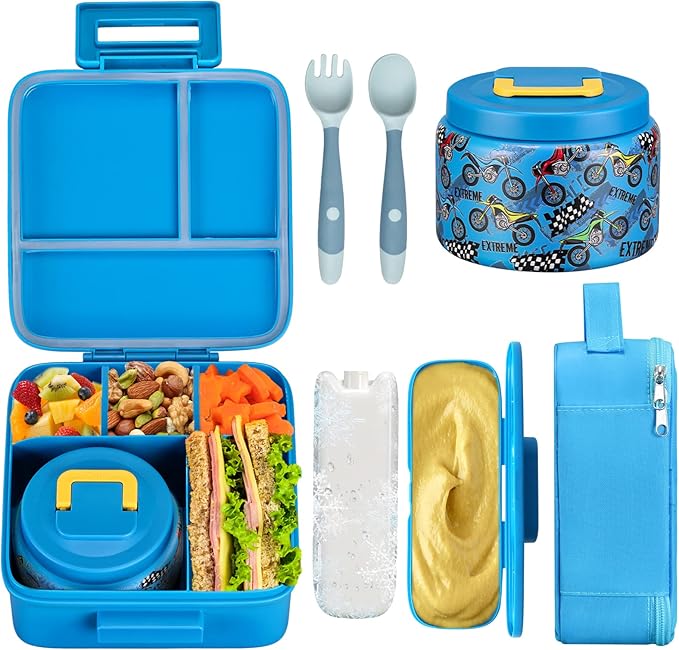 Bento Lunch Box for Kids With 8oz Soup thermo,Leak-proof Lunch Containers with 5 Compartment,thermo Food Jar and Lunch Bag, Food Containers for School (A-Blue(Extreme Locomotive))