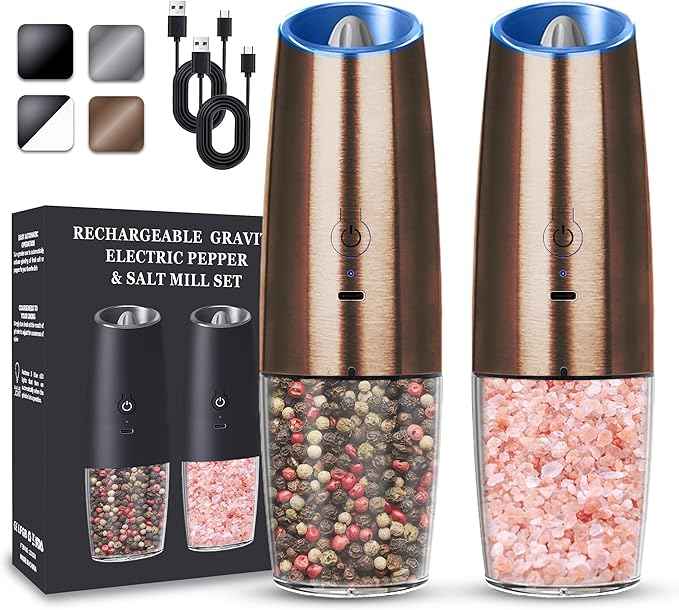 Rechargeable Electric Salt and Pepper Grinder set of 2, gravity electric salt and pepper grinder set, Adjustable Roughness, LED Light, 2 Pack, (Copper)