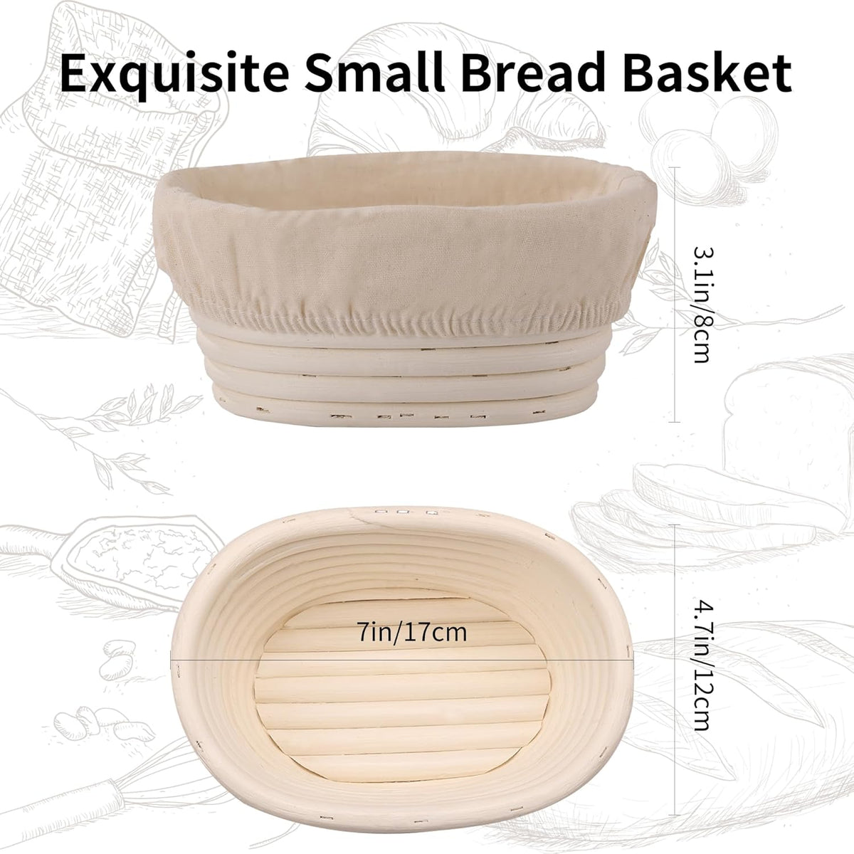 (6.7x4.7x3in) Mini Banneton Bread Proofing Basket Set of 6, Oval Sourdough Bread Basket with Liner Professional & Home Bread Baking Supplies (Small Oval)