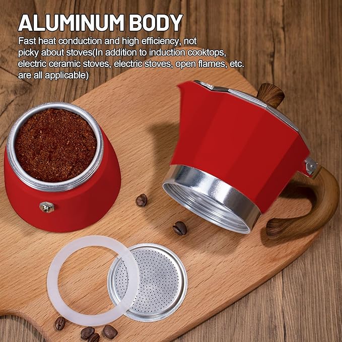 2-in-1 Moka Pot Espresso Set with Electric Stove 3 Cup Aluminum Stovetop Coffee Maker Percolator Italian Classic Mocha Coffee Machine for Italian and Cuban Cafe Brewing Portable Camping Red
