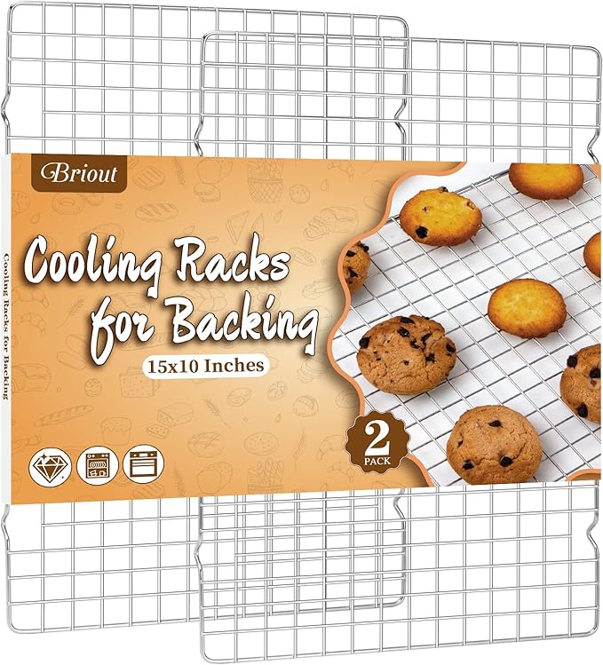 Briout 2PCS Cooling Racks for Cooking and Baking - 15x10 Inches Heavy Duty Stainless Steel Wire Rack for Baking, Grilling, Roasting - Oven & Dishwasher Safe - Fits Jelly Roll Sheet Pan-Silver