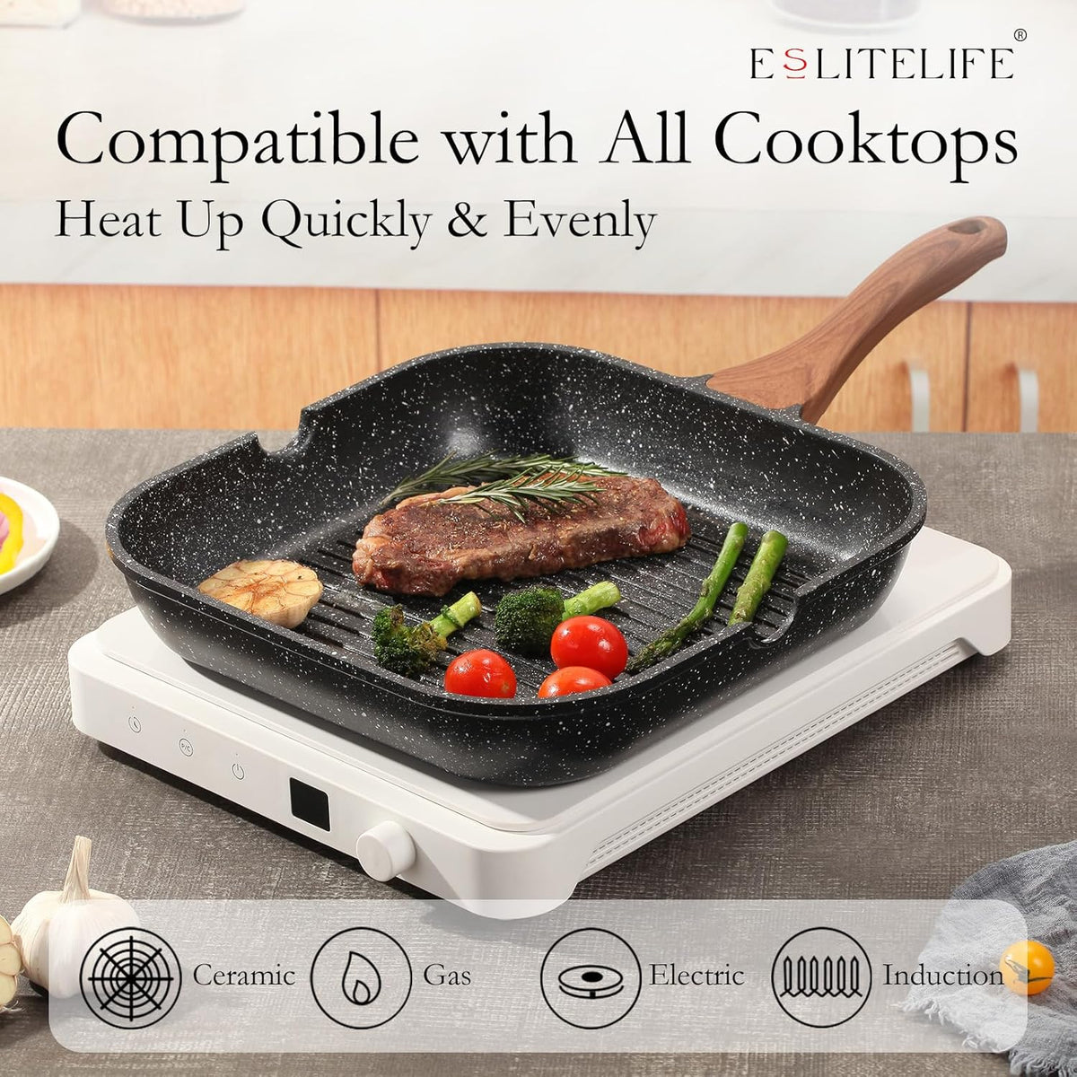 ESLITE LIFE 11 Inch Nonstick Grill Pan for Indoor Cooking, Versatile Induction Square Large Grilling Skillet Steak Pan for Stove Tops, PTFE & PFOA Free, Black
