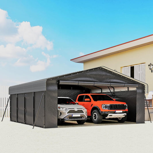 Real Relax 20x20ft Heavy Duty Metal Carport, Galvanized Steel Roof with Removable Sidewalls, 4 Support Legs, Outdoor Car Port Shelter for 2 Car Carport, Trucks and Boats