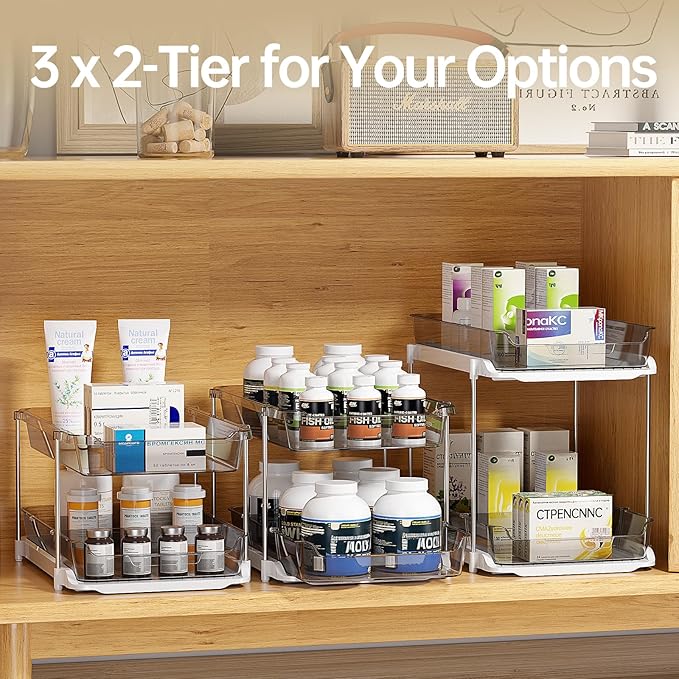 Delamu 2 Pack 3-Tier Bathroom Under Sink Organizers and Storage, Multi-Purpose Stackable Pantry Organization and Storage, Pull Out Clear Kitchen Bathroom Cabinet Organizer with Movable Dividers, Grey