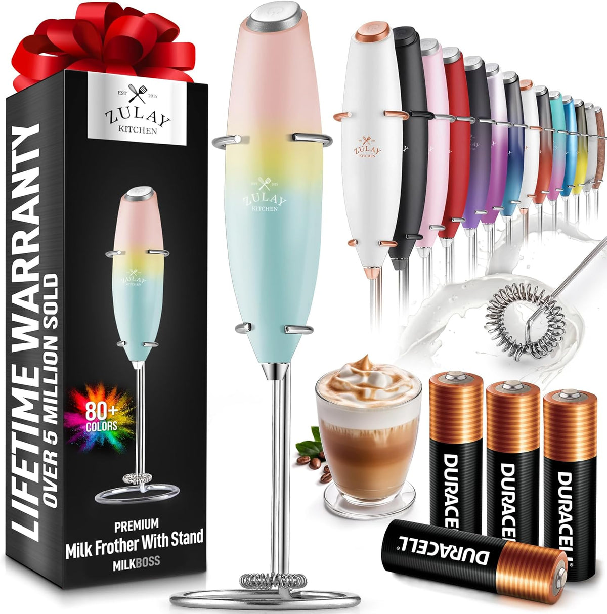 Zulay Kitchen Powerful Milk Frother Wand With 4 AA Duracell Batteries - Ultra Fast Handheld Drink Mixer - Electric Whisk Foam Maker for Coffee, Lattes, Cappuccino, Matcha & Creamer -