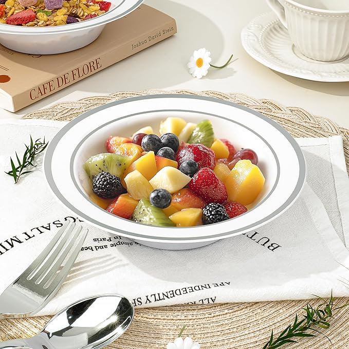 BESTVIP 100 Pack Plastic Disposable Soup Bowls, 12 oz White Dessert Bowls with Silver Rim, Heavy-duty Salad Bowl for Party, Wedding, Christmas, Thanksgiving, Dinner, Catering