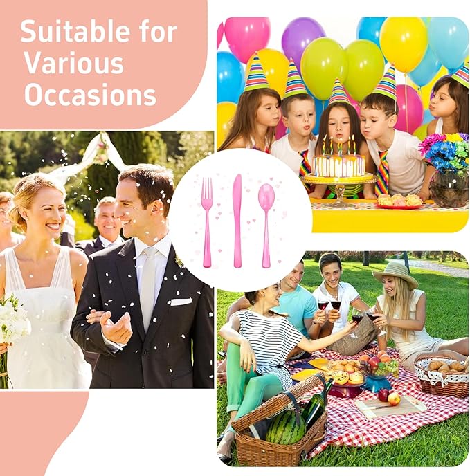 WDF 180 Pieces Pink Plastic Silverware Disposable - Clear Pink Cutlery Sets 60 Forks, 60 Knives and 60 Spoons - Heavy Duty Disposable Utensils for Wedding, Party