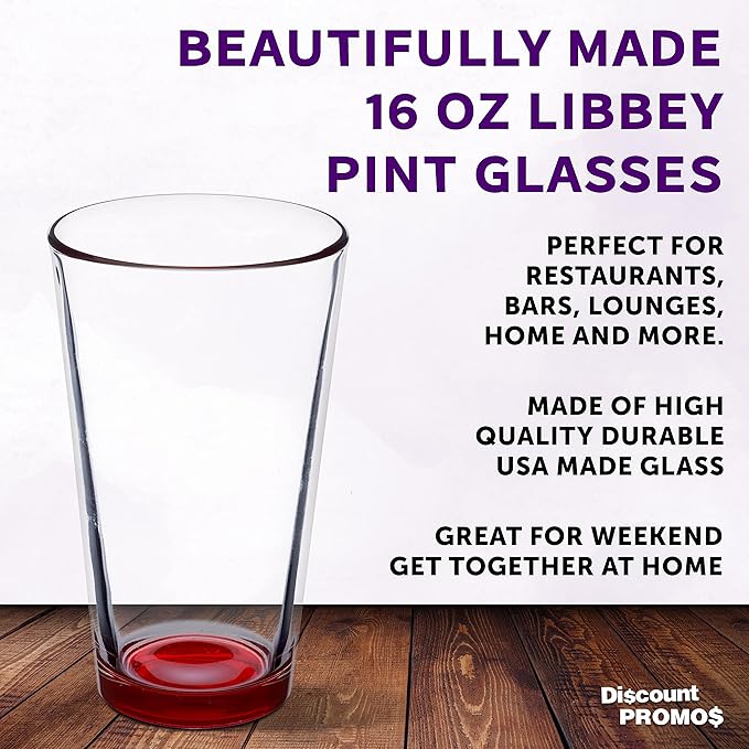 Libbey Pint Glass 16 oz. Set of 10, Bulk Pack - Beer Glasses, Heavy Duty Drinkware - Red