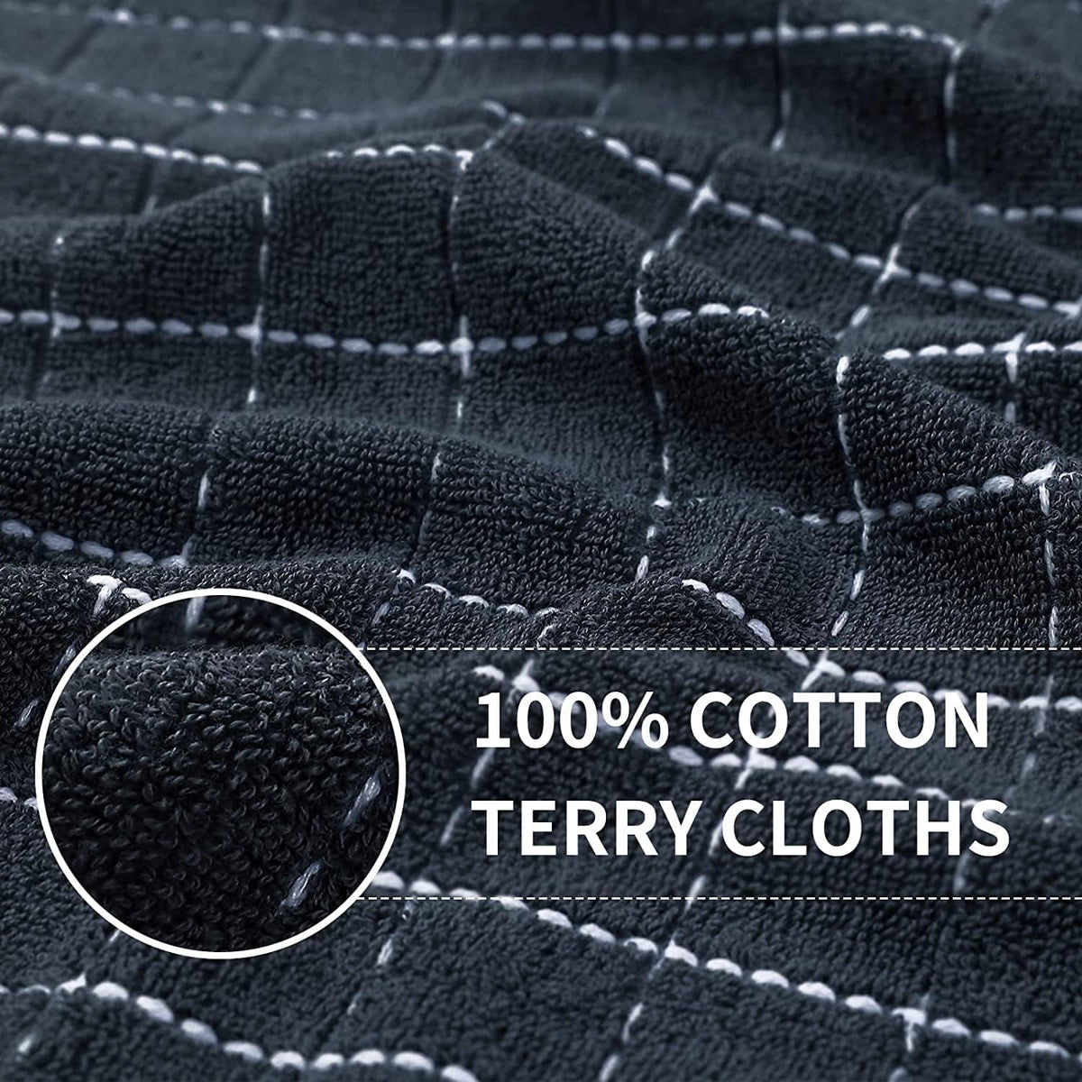 Homaxy 100% Cotton Terry Kitchen Towels(Dark Grey, 13 x 28 inches), Checkered Designed, Soft and Super Absorbent Dish Towels, 6 Pack