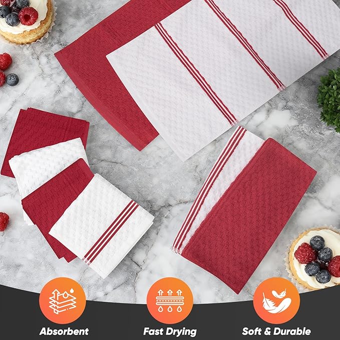 Oven Mitts Kitchen Towels and Dishcloths with Pot Holders Sets, Oven Gloves Hot Pads 500°F Heat Resistant with Silicone Grip, Include 2 Cooking Gloves/2 Potholders/4 Kitchen Towels/4 Dish Towels-Red