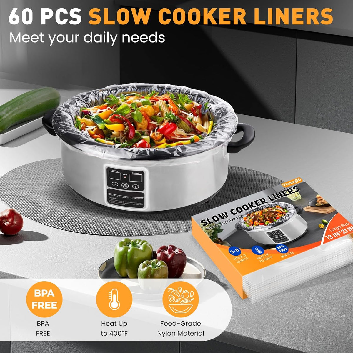 60 Pack Slow Cooker Liners, Large Size 13"x 21" Cooking Bags Disposable Pot Liners, Plastic Slow Cooker Bags Fits 3-8 Quarts, BPA Free, Suitable for Oval & Round Pot