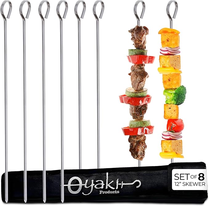 O-Yaki Flat Metal Kabob Skewer for Grilling – Set of 8 BBQ Skewers Stainless Steel with Storage Bag, Dishwasher Safe Skewers with Hook Handle & Sharp Tip for BBQ, Cookouts & Oven Use – 12 Inch