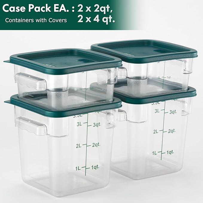 CURTA 4-Pack Food Storage Containers with Green Lids - 2 Qt & 4 Qt Square Clear Polycarbonate - NSF Listed, Commercial Grade, Freezer & Dishwasher Safe, Stackable