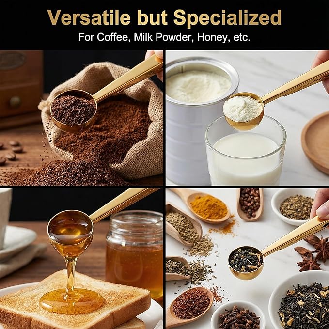 Li&Zhao Stainless Steel Coffee Scoop with Clip - Coffee Scoop for Ground Coffee, Precision Coffee Measuring Scoop, Tablespoon Stainless Steel Scoop for Coffee, Tea, Protein Powder (Gold)