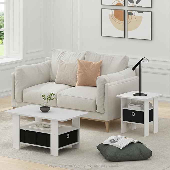 Furinno Andrey Coffee Table, Small Modern Coffee Table with Storage and Bin Drawer, Side Table for Living Room, Bedroom, Home Office, White