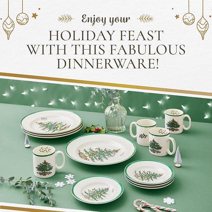 Spode Christmas Tree 12-Piece Dinnerware Set (Service for 4) - Festive Holiday Tableware with Plates & Mugs - Fine Earthenware Christmas Dinnerware - Microwave & Dishwasher Safe