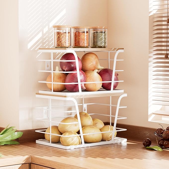 2 Pack Kitchen Organization for Onions,Potatoes - Fruit Basket for Kitchen Counter & Storage Basket,Stackable Storage Bins with Bamboo Top & Lightweight PP Mat,White