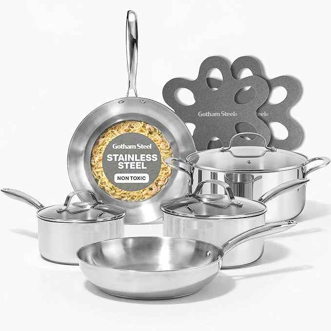 Gotham Steel 10 Pcs Tri Ply Stainless Steel Cookware Set, Pots and Pans Set with Induction Bottom, Made Without PTFE PFOA PFOS, Metal Utensil Safe, Oven and Dishwasher Safe