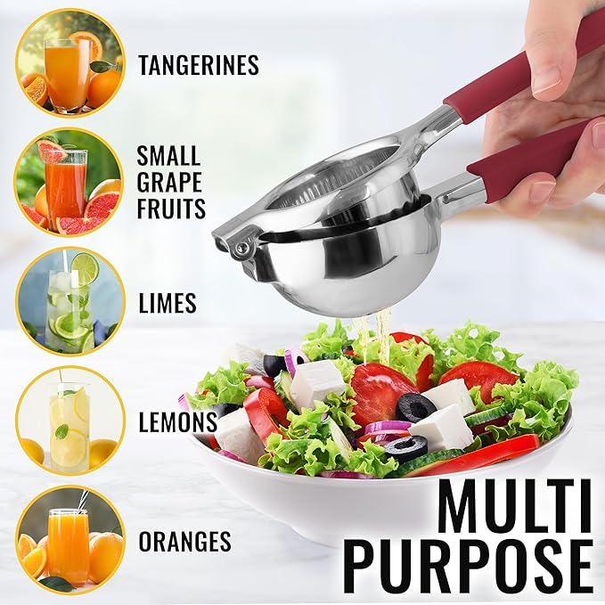 Zulay Kitchen Lemon Squeezer Stainless Steel with Premium Heavy Duty Solid Metal Squeezer Bowl and Food Grade Silicone Handles - Large Manual Citrus Press Juicer and SS Lime Squeezer (Cranberry)
