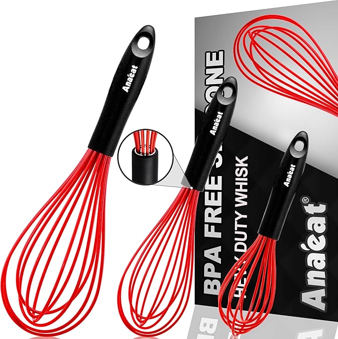 Anaeat Silicone Whisk, Thick Stainless Steel Wire Inner - Heat Resistant Kitchen Whisks for Non-Stick Cookware, Balloon Egg Beater for Whisking, Blending, Beating, Frothing & Stirring (Red)