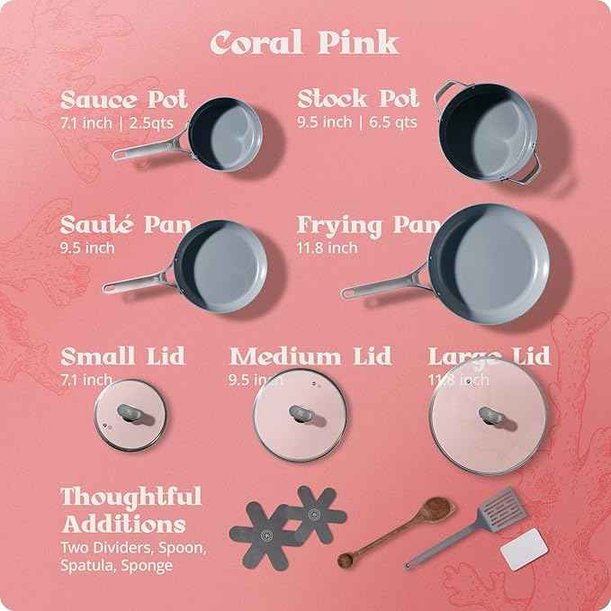 Premium Non-Toxic Ceramic Cookware Set – Triple-Layer Nonstick 12 Piece Pots and Pans with Lids, PFAS-Free, Oven Safe for Healthy Meals, Space-Saving Design, Coral Pink Color | Greater Goods
