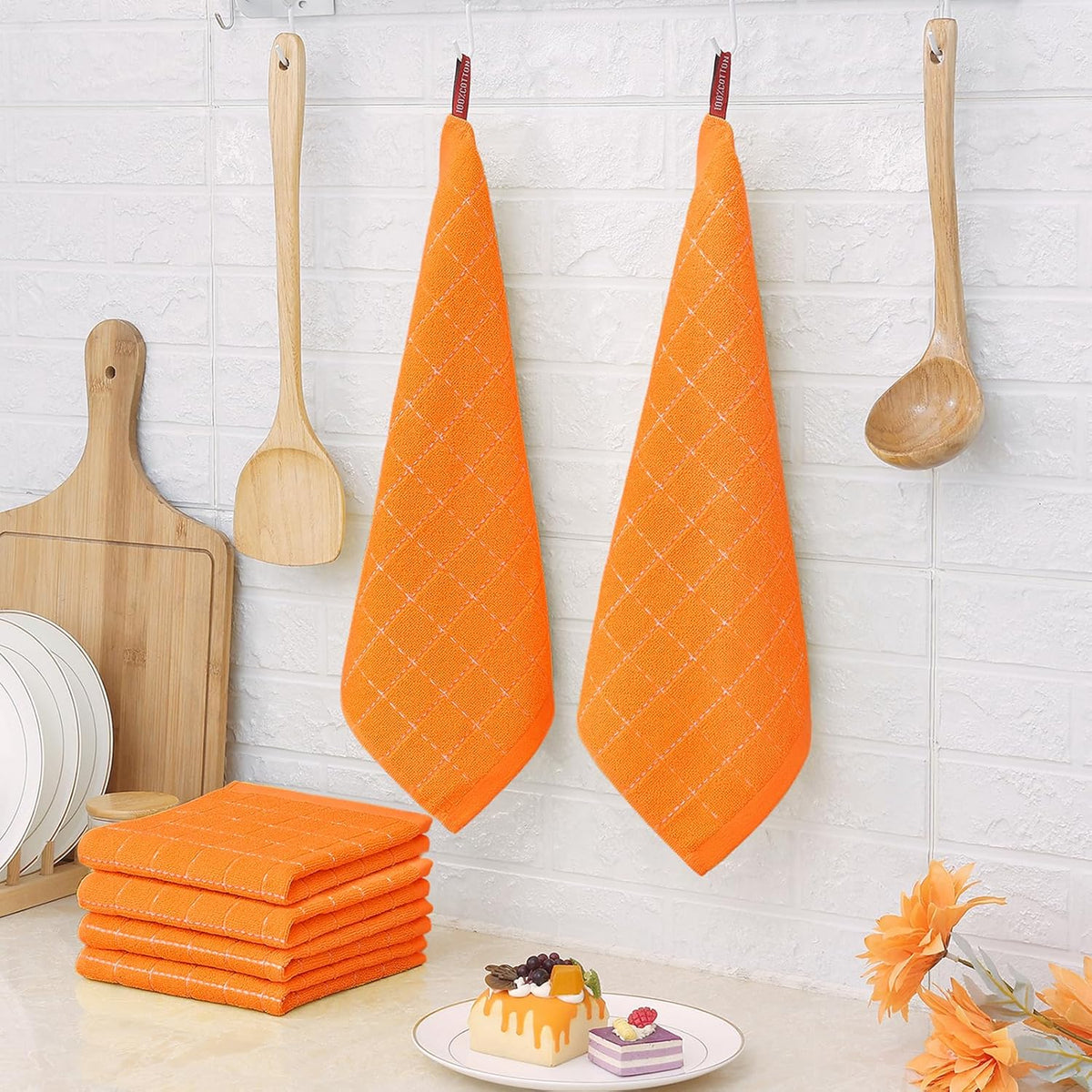 Homaxy 100% Cotton Terry Kitchen Dish Cloths, Ultra Soft and Absorbent Dish Towels for Kitchen, Perfect for Drying and Washing Dishes, 6 Pack, 12 x 12 Inches, Orange