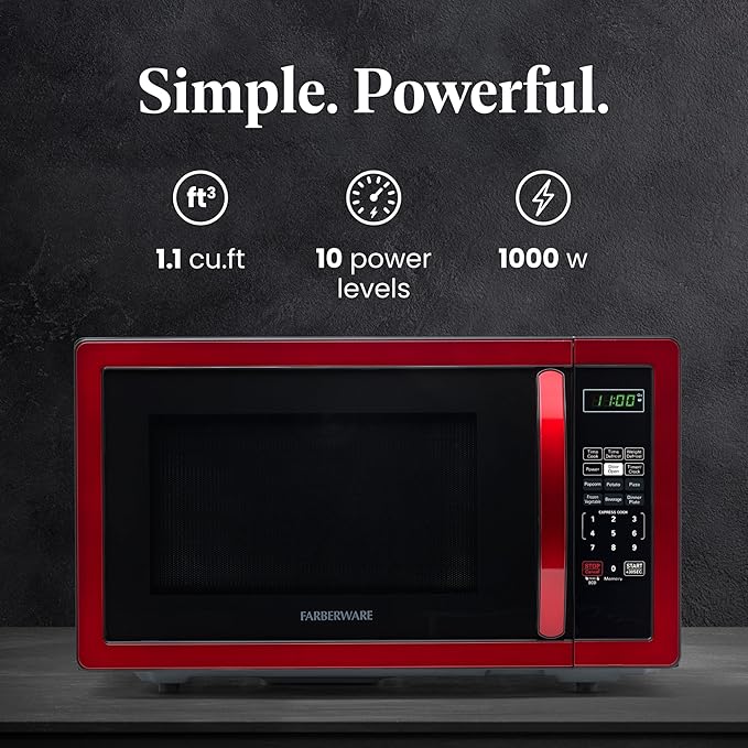 Farberware 1.1 Cu. Ft. Countertop Microwave Oven – 1000 Watts Power, Auto Cook Settings, Defrost, Easy Clean and Child Safety Lock - Metallic Red