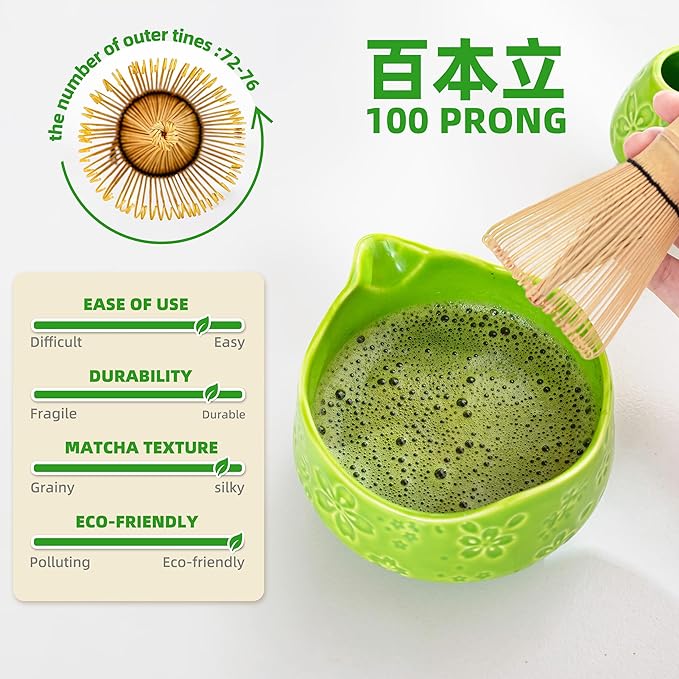 TEANAGOO 7-PCS Green Matcha Whisk Set with Cherry Blossom Design, Complete Ceremony Kit, Ceramic Chawan Bowl with Spout, Whisk & Accessories, Traditional Matcha Tea Set for Lattes& Gift Giving