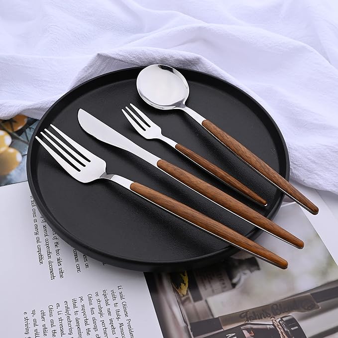 16-Piece Silverware Set with Cake Fork, Silver Stainless Steel Flatware Cutlery, Eating Utensils with Wooden Effect Handle, Includes Knife, Fork, Spoon, Mirror Finish, Dishwasher Safe