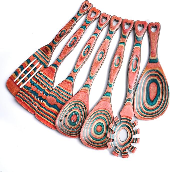 Gudamaye Pakkawood 7-Piece Wooden Cooking Utensils, Wooden Spoons for cooking, Wooden Utensil set, Pinkish-Orange Pakkawood Cooking Spoons, Non-Stick Spoon, Pakkawood kitchen utensils