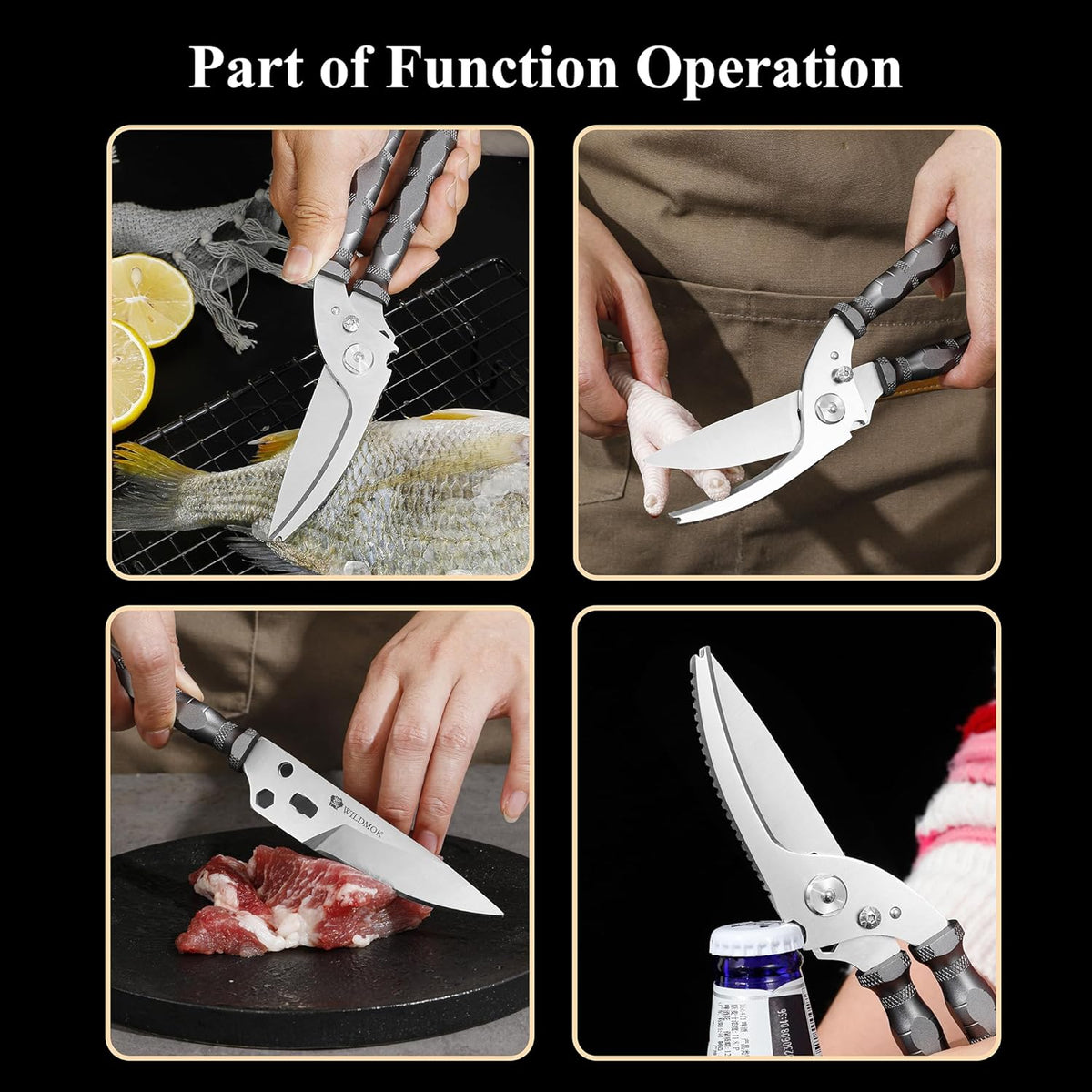 WILDMOK Heavy Duty Poultry Shears - 8.5 Inch Multi-function Stainless Steel Poultry Outdoor Shears, Ultra Sharp Kitchen Scissors for Outdoor Camp, Grey