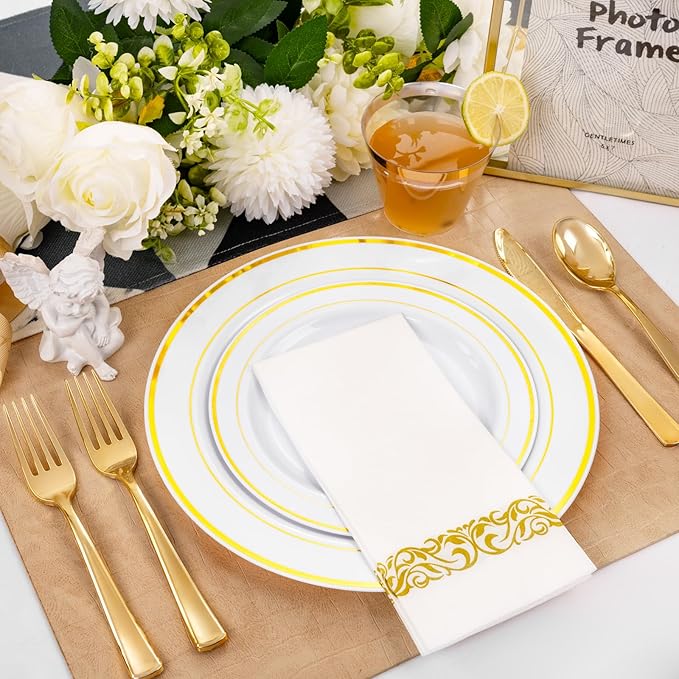 bUCLA 350PCS White and Gold Plastic Plates - Gold Disposable Dinnerware for Include 50 Dinner/Dessert Plates, 50 Forks, 50 Knives, 50 Spoons, 50 Cups & 50 Napkins for Party & Thanksgiving