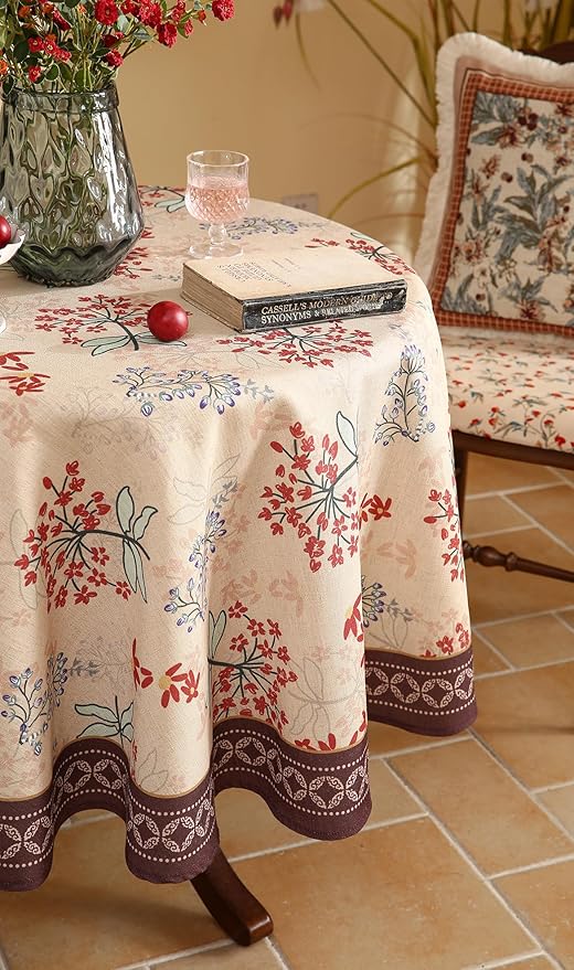patdrea Designer Vintage Linen Table Cloth for Round Table,Red Floral Durable Breathable Tablecloth,Dacorative for Kitchen Dining,Holiday,Christmas,Thanksgiving,Tea Party,Diameter 55"-Newmari