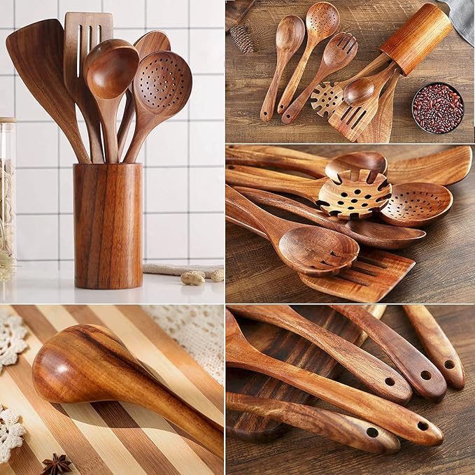 Teak Wooden Kitchen Utensil Set - 7Pcs Wooden Cooking Utensils Including Spatula